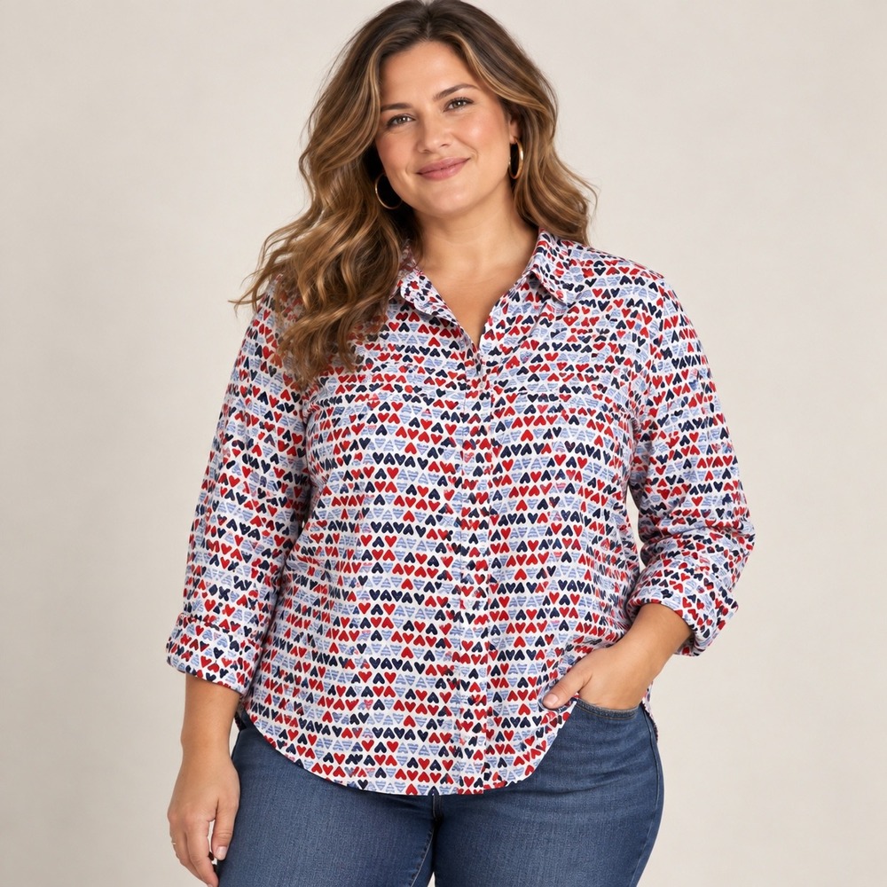 Talbots Womens Multicolor Patriotic Heart Print Large Long Sleeve Cotton Top